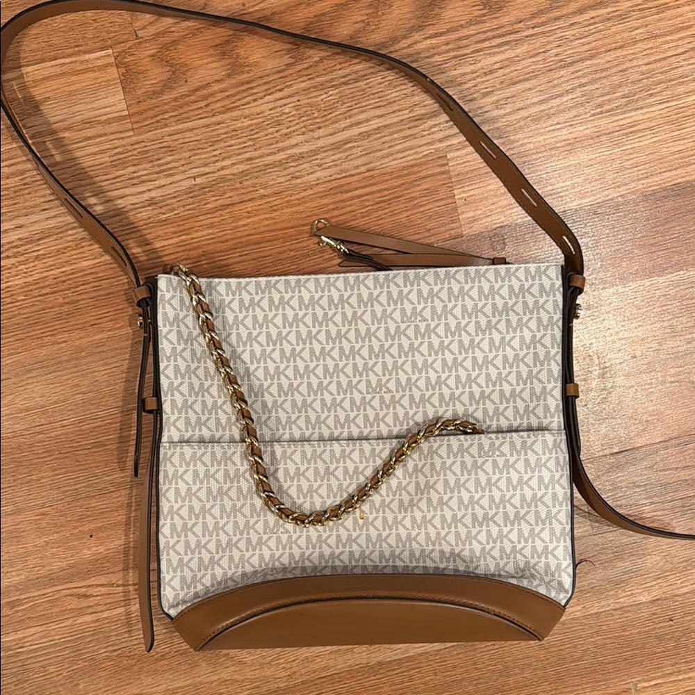 Michael Kors Brown and Cream Shoulder Bag with Adjustable Strap and Flap Closure